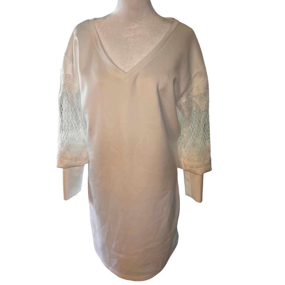 Womens Off White V-Neck Shift Dress Lace Inset Long Sleeve Cream Mini Dress NWOT